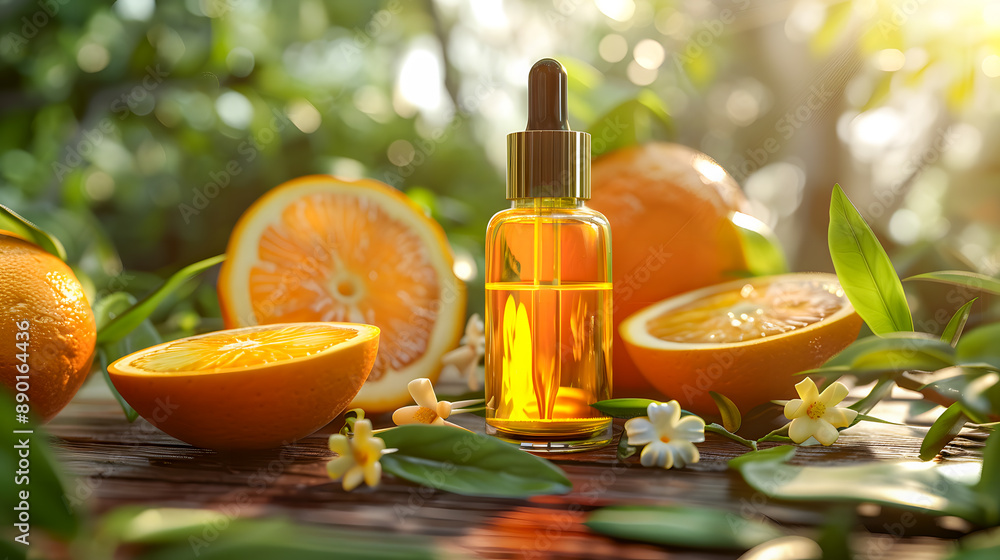 Natural vitamin c serum, skincare, essential oil products. Bottle of vitamin C serum with fresh juicy orange fruit Natural vitamin c serum, skincare, essential oil products. Bottle of vitamin C serum with fresh juicy orange fruit