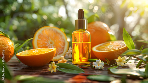 Natural vitamin c serum, skincare, essential oil products. Bottle of vitamin C serum with fresh juicy orange fruit 