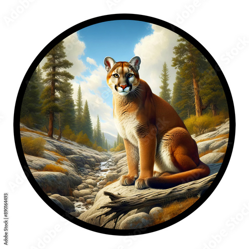 A circular 3D rendered watercolor painting of a Cougar, isolated on a transparent background