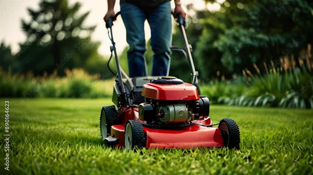 A person mows a lush green lawn with a sleek red mower. The operator's upper body is out of frame. The scene features a sunny, clear sky. A person mows a lush green lawn with a sleek red mower. The operator's upper body is out of frame. The scene features a sunny, clear sky.