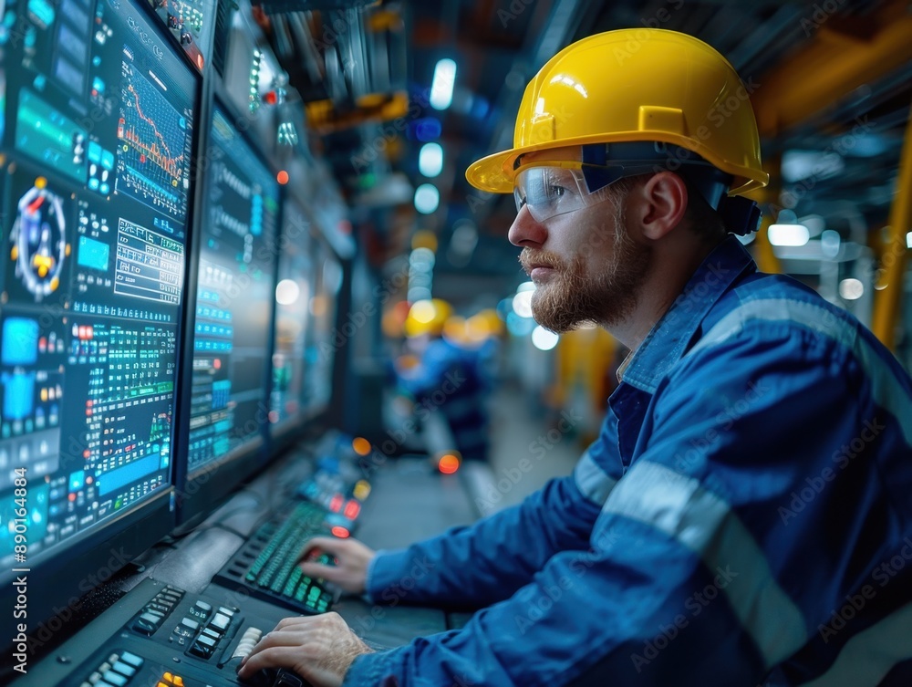 Engineer in a hard hat working on multiple computer screens in an industrial control room, showcasing technology and technical expertise.