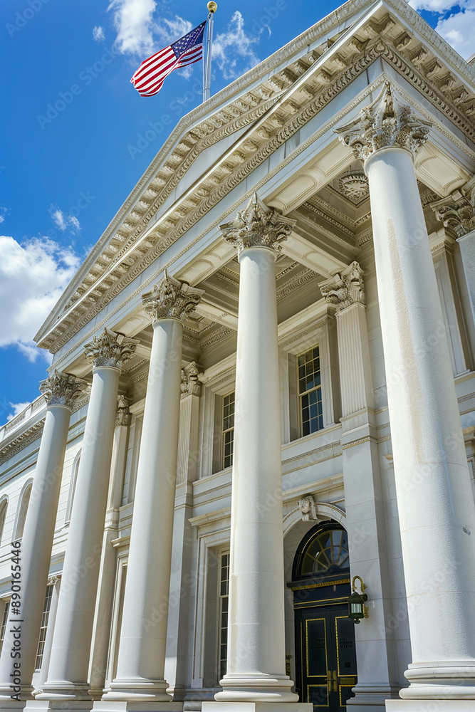 A majestic government building with grand columns and an American flag waving on a clear day, symbolizing democracy and authority. A majestic government building with grand columns and an American flag waving on a clear day, symbolizing democracy and authority.