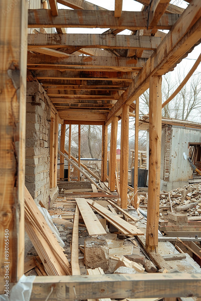 A wooden house under construction, with exposed beams and a partially built structure, representing building and development. A wooden house under construction, with exposed beams and a partially built structure, representing building and development.