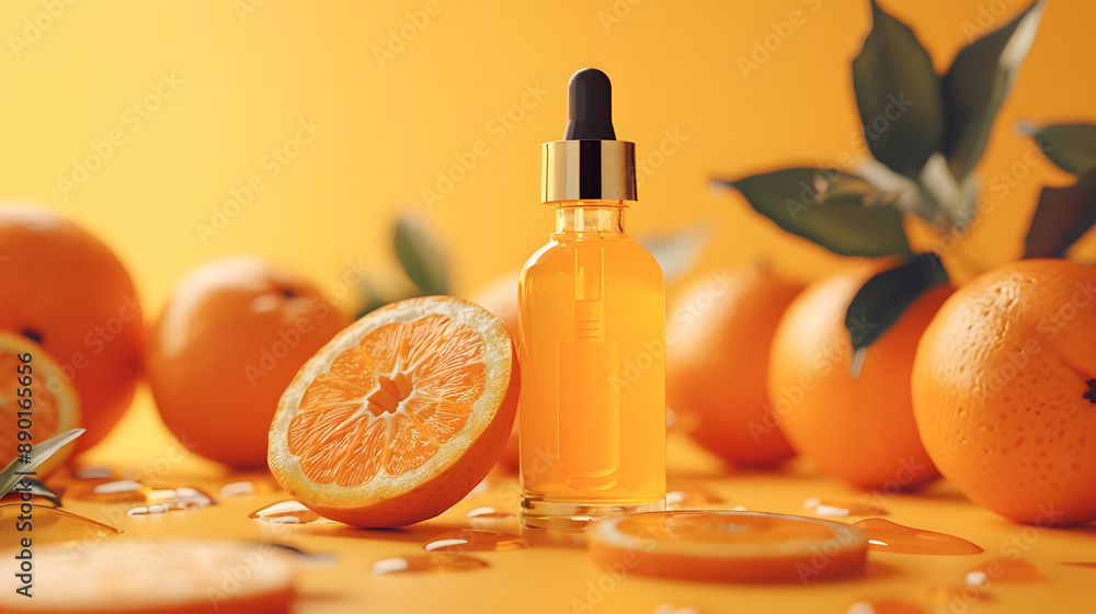 Natural vitamin c serum, skincare, essential oil products. Bottle of vitamin C serum with fresh juicy orange fruit Natural vitamin c serum, skincare, essential oil products. Bottle of vitamin C serum with fresh juicy orange fruit