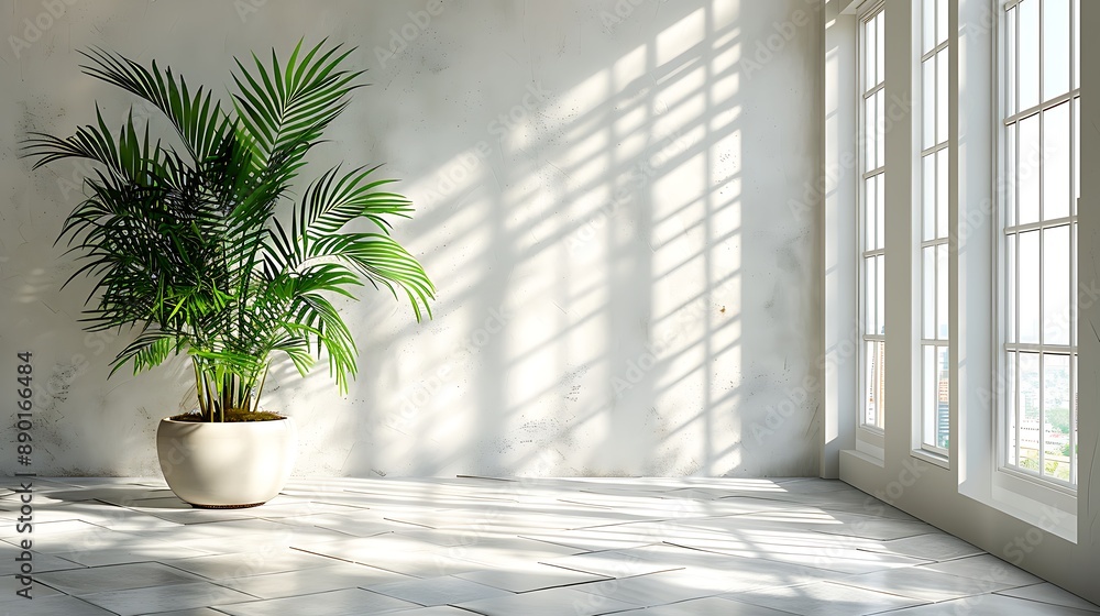 A minimalist white-walled room with a single, large indoor plant as the focal point. A minimalist white-walled room with a single, large indoor plant as the focal point.
