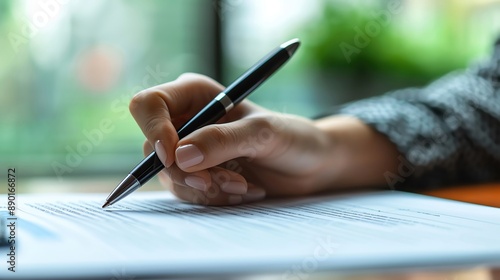 Closeup of a businesspersons hand holding a pen, poised over a contract, with ample copy space, more clarity with clear light and sharp focus, high detailed