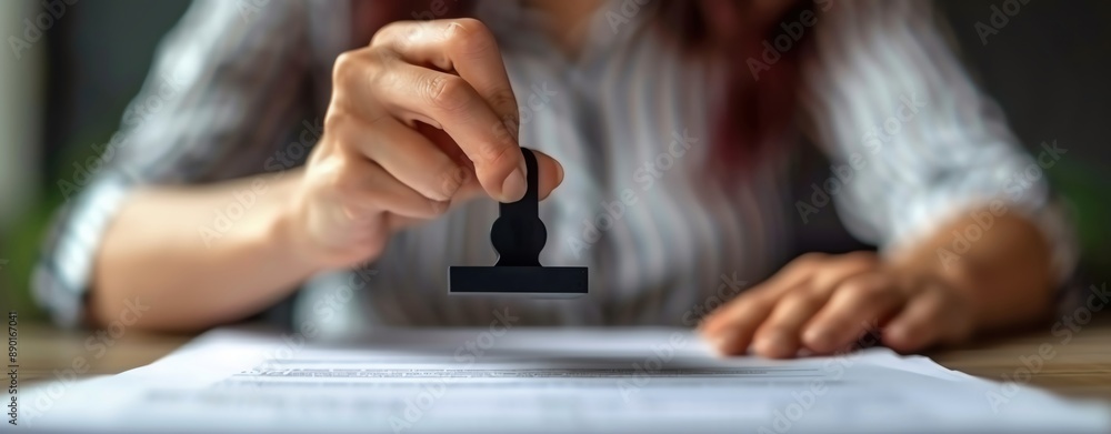Closeup of a businesswomans hand placing a stamp on a document, with ample copy space, more clarity with clear light and sharp focus, high detailed Closeup of a businesswomans hand placing a stamp on a document, with ample copy space, more clarity with clear light and sharp focus, high detailed