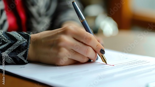 Womans hand signing a document with a pen, in a closeup shot, with a neat desk and ample copy space, more clarity with clear light and sharp focus, high detailed