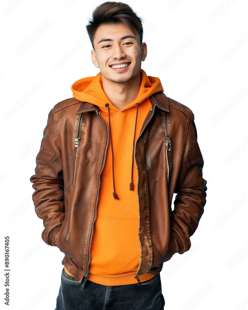 A cheerful young man wearing an orange hoodie under a brown leather jacket, smiling confidently against a blue background. His casual and stylish attire, transparent background A cheerful young man wearing an orange hoodie under a brown leather jacket, smiling confidently against a blue background. His casual and stylish attire, transparent background