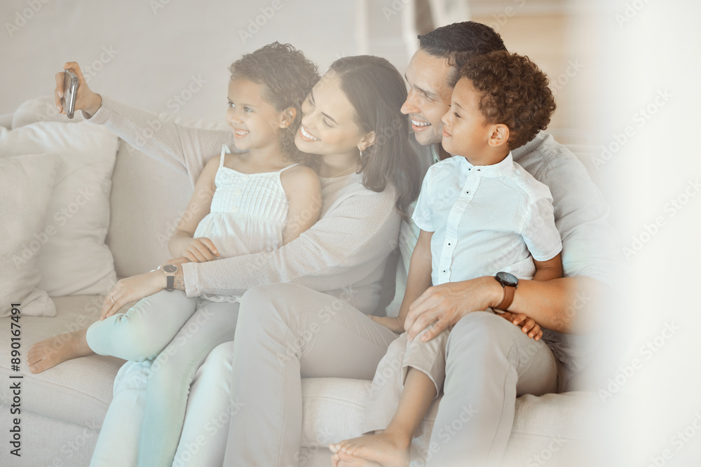 Children, happy family and selfie of parents in living room for care, love or bonding together. Picture, mother and father with kids in home on sofa for social media, memory and relax with siblings Children, happy family and selfie of parents in living room for care, love or bonding together. Picture, mother and father with kids in home on sofa for social media, memory and relax with siblings