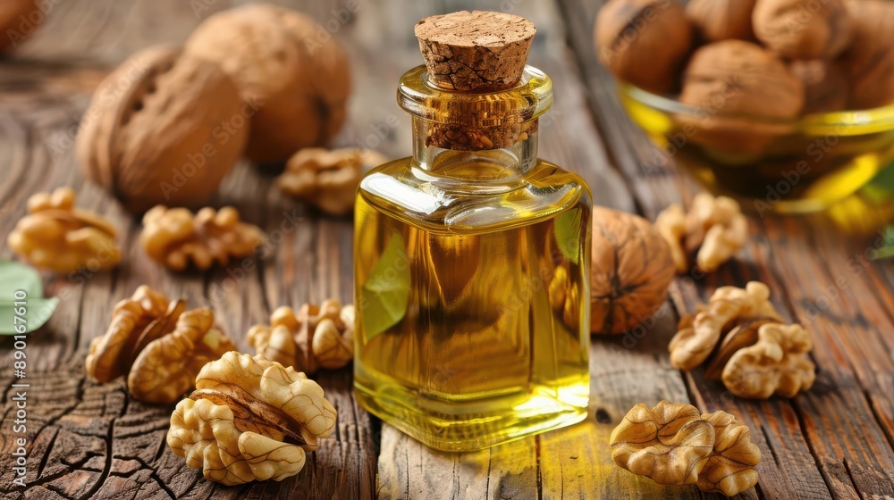 Walnuts and walnut oil on a wooden table, rich source of omega3, plant fat Walnuts and walnut oil on a wooden table, rich source of omega3, plant fat