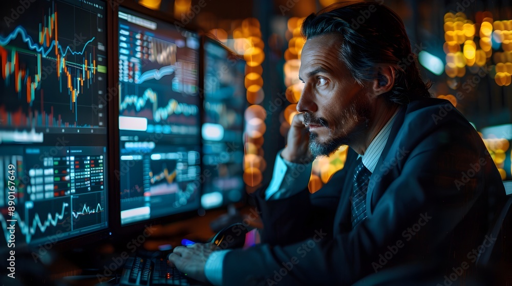 Financial Analyst Monitoring Market Data on Multiple Screens in Modern Tech Driven Office Financial Analyst Monitoring Market Data on Multiple Screens in Modern Tech Driven Office