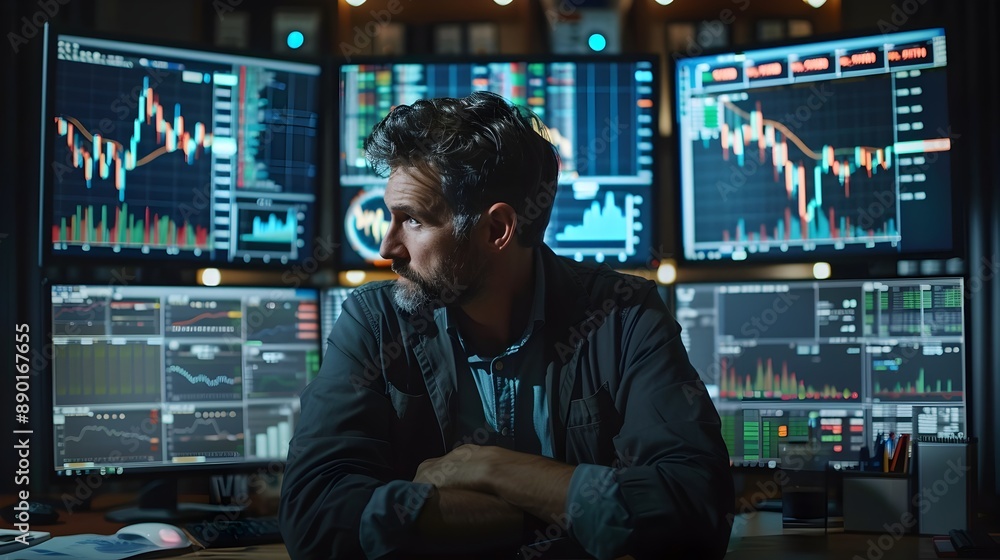Fototapeta premium Finance Analyst Examines Market Data on Multiple Screens in Modern Tech Driven Office