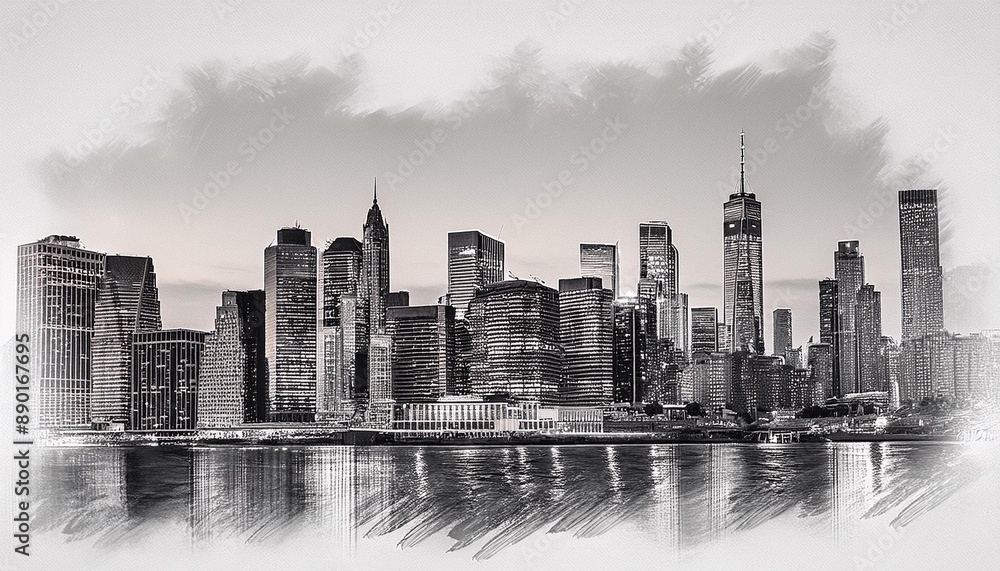 Fototapeta premium Abstract pencil sketch of city skyline at dusk.