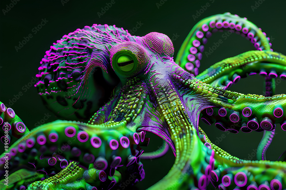 Fototapeta premium cute scary octopus animal neon dark background 3d rendering