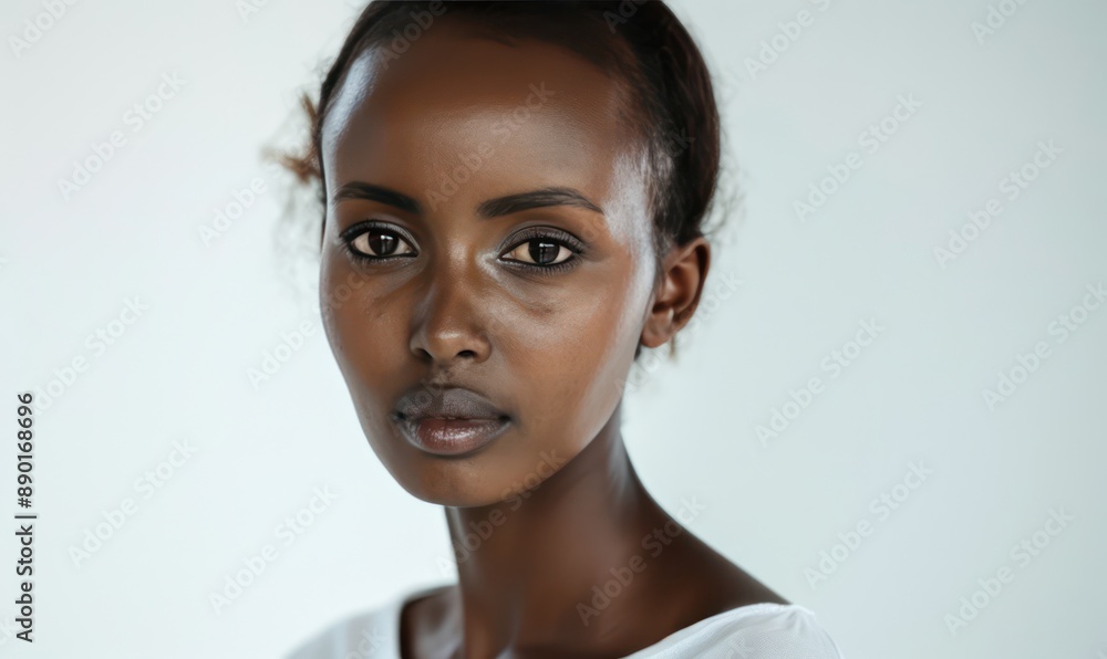 Close up Portrait of Young Black Woman with Dark Eyes Looking at Camera. Close up Portrait of Young Black Woman with Dark Eyes Looking at Camera.