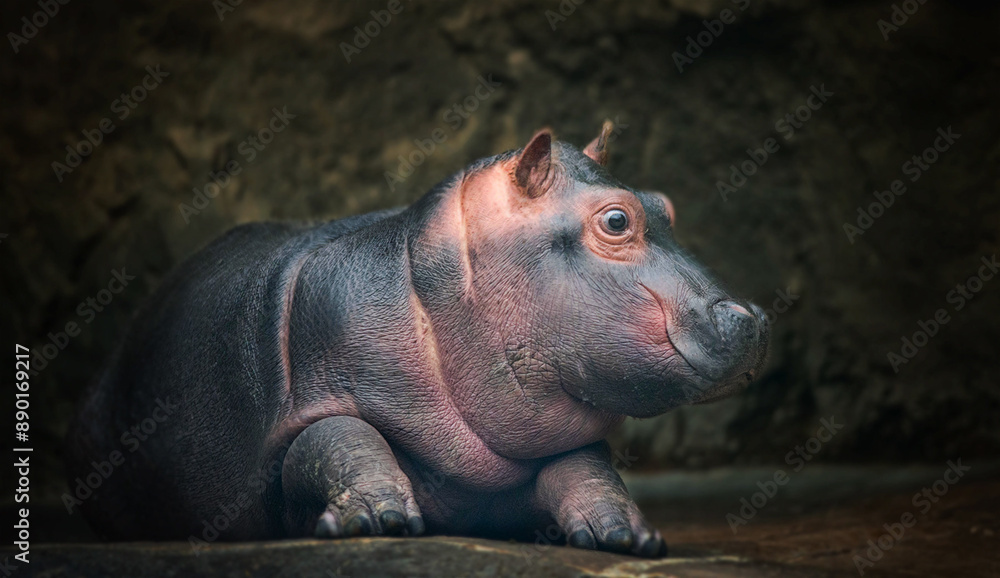 Small baby Hippo sitting outside the water with mouth open Kruger Park South Africa Small baby Hippo sitting outside the water with mouth open Kruger Park South Africa