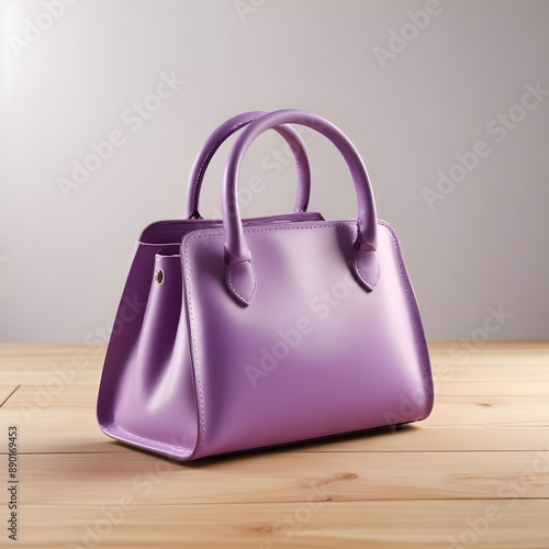 Elegant purple leather handbag resting on a polished wooden table in natural daylight with space for advertising