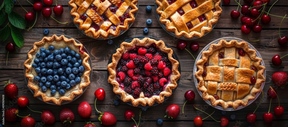 some fruit tarts with fresh fruit, top view, perfect kitchen background, great for a recipe website or cooking school some fruit tarts with fresh fruit, top view, perfect kitchen background, great for a recipe website or cooking school