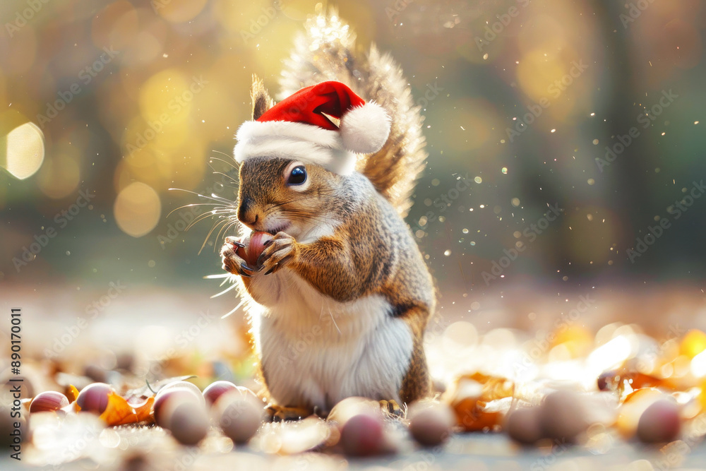 A cute squirrel wearing a Santa hat is gathering nuts on the ground A cute squirrel wearing a Santa hat is gathering nuts on the ground