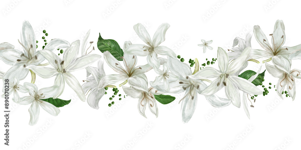 Fototapeta premium Beautiful white lilies with leaves and buds. Botanical illustration. A hand-drawn watercolor illustration. Seamless frame, horizontal pattern separated from the background.