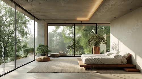 A serene minimalist bedroom with floor-to-ceiling windows and minimal furnishings.