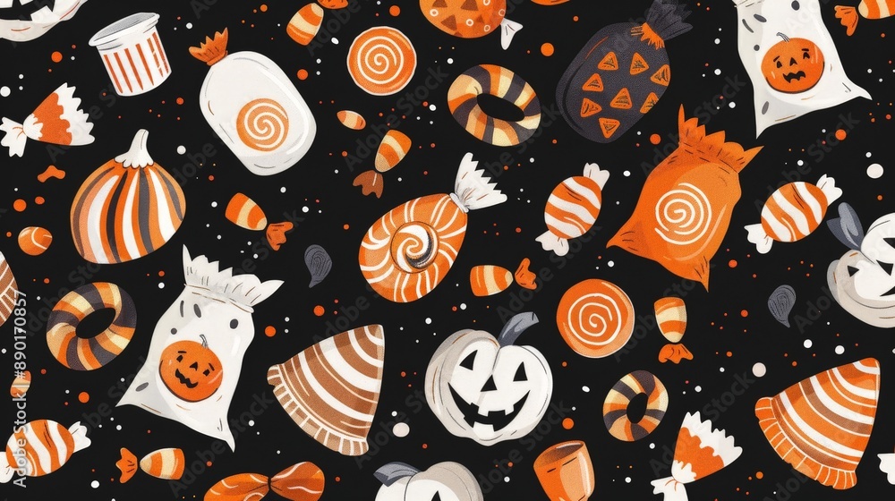 Design a fun and festive Halloween pattern with a variety of candies, treats, and trick-or-treat bags, perfect for wrapping gifts. Design a fun and festive Halloween pattern with a variety of candies, treats, and trick-or-treat bags, perfect for wrapping gifts.