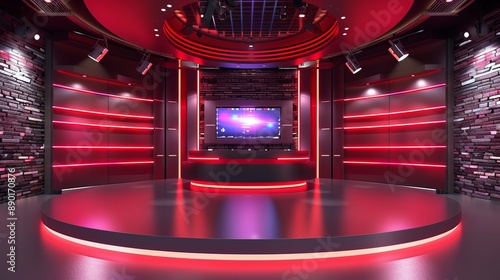 Red Lit Studio Set With Circular Stage