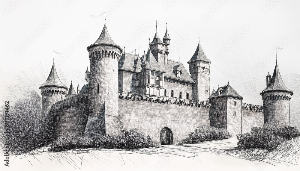 Architectural sketch of a medieval castle in pencil. Architectural sketch of a medieval castle in pencil.