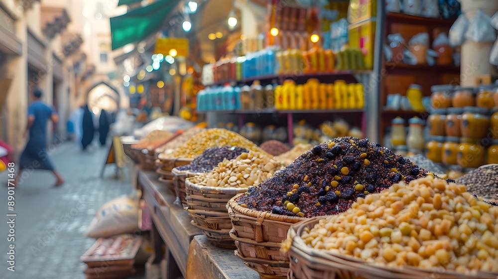 Fototapeta premium Vibrant Middle Eastern Market Stalls with Diverse Goods and Blurred Background