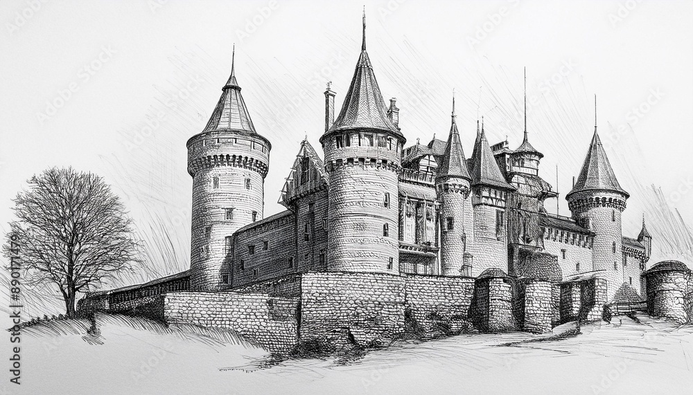 Obraz premium Architectural sketch of a medieval castle in pencil.
