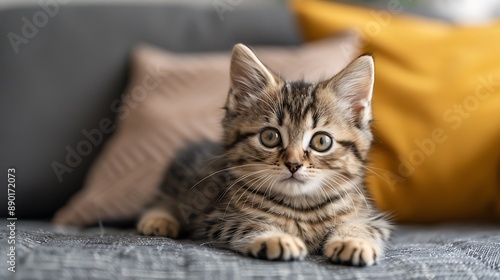 a animal of American shorthair kitten sitting on a living room background with space above for text 