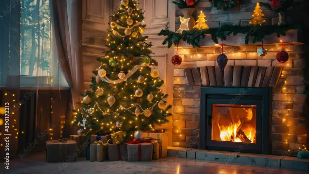 Festive Living Room with Christmas Tree and Fireplace Festive Living Room with Christmas Tree and Fireplace