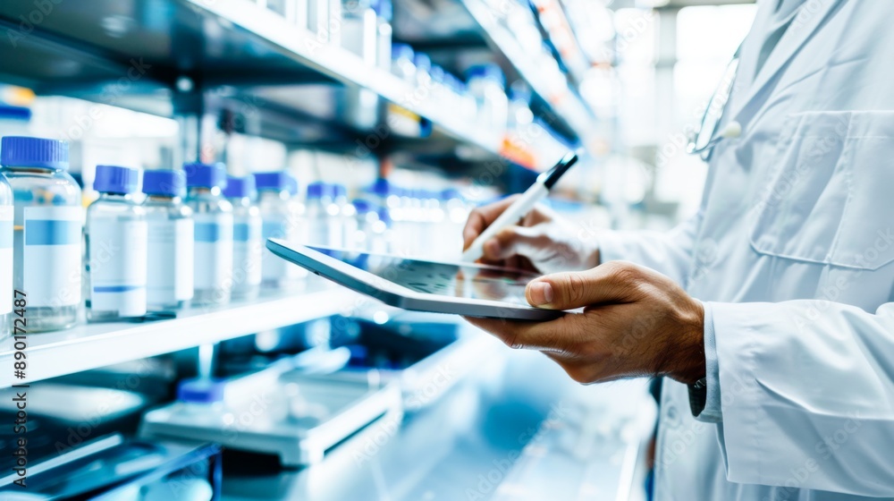 Tablet, reading and man scientist in laboratory working on medical research, project or experiment. Science, career and female researcher with digital technology for pharmaceutical innovation. Tablet, reading and man scientist in laboratory working on medical research, project or experiment. Science, career and female researcher with digital technology for pharmaceutical innovation.