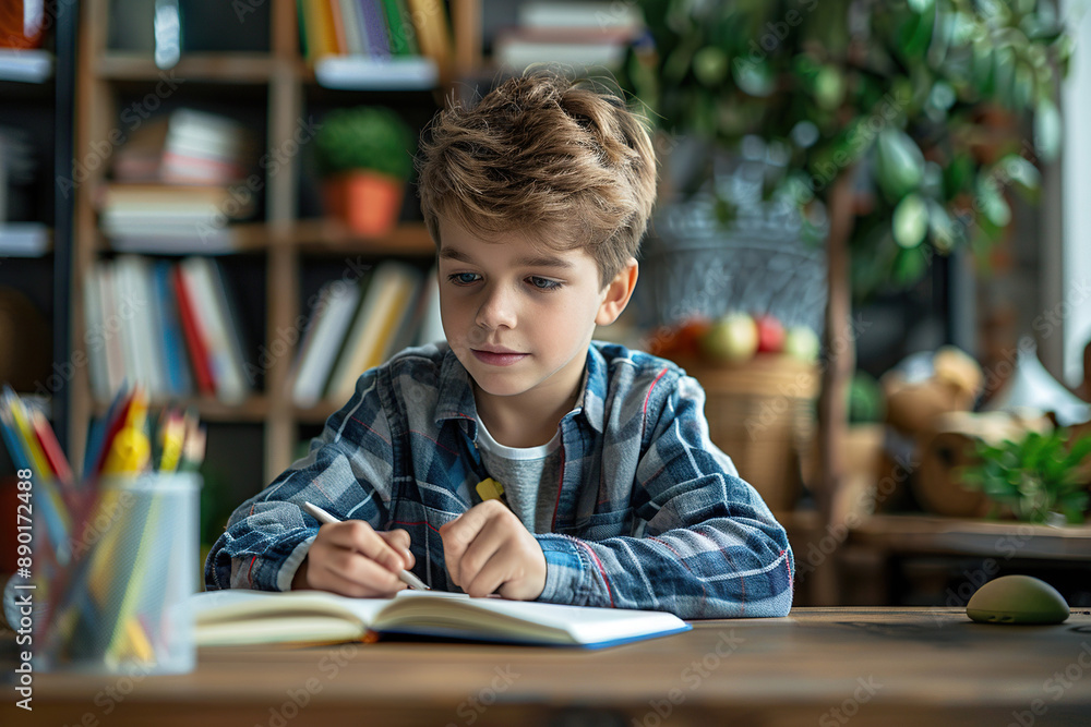 Cute elementary school boy writes in a notebook with a pen on a blurred classroom background. Generated by artificial intelligence Cute elementary school boy writes in a notebook with a pen on a blurred classroom background. Generated by artificial intelligence