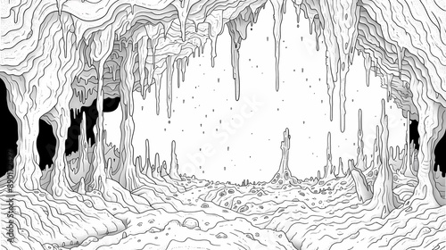 A detailed illustration of a cave with stalactites and stalagmites.