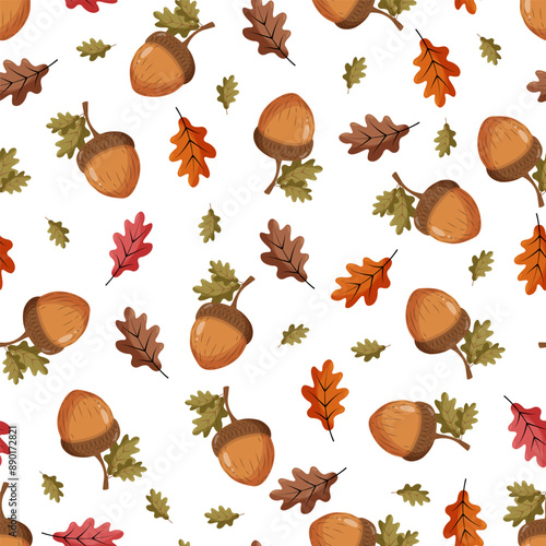 Seamless pattern with an acorn on a white background. Autumn pattern with leaves
