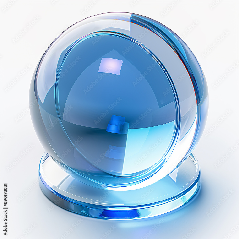 Glass blue sphere with reflections and light effects.