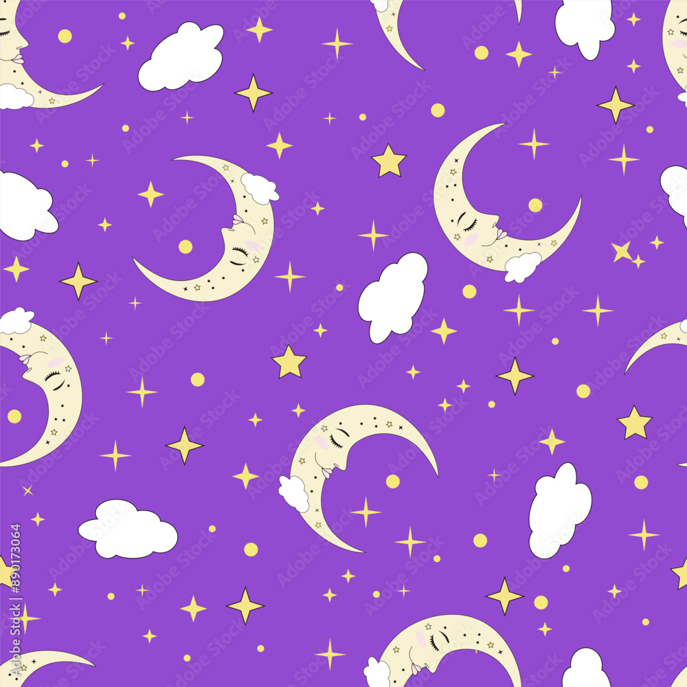 Fototapeta premium A seamless pattern on a purple background, featuring a sleeping moon surrounded by clouds.