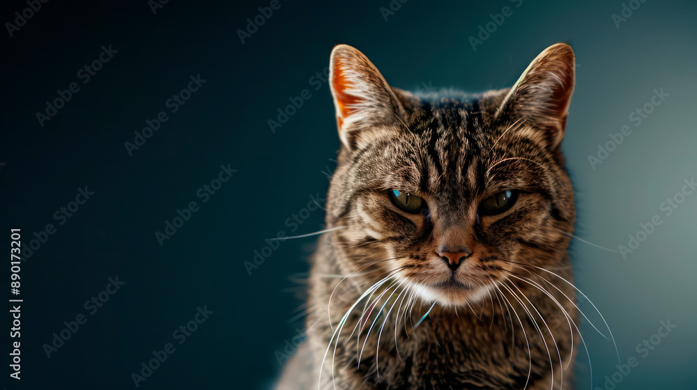 A beautiful short-haired cat of dark gray color, with intelligent green eyes, who sits on a black-blue background and looks confidently into the frame. A beautiful short-haired cat of dark gray color, with intelligent green eyes, who sits on a black-blue background and looks confidently into the frame.