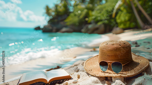 dyllic summer escape: beach view with book and accessories. Serene beach scene with a straw hat, sunglasses and an open book, evoking the relaxation of a tropical summer vacation
