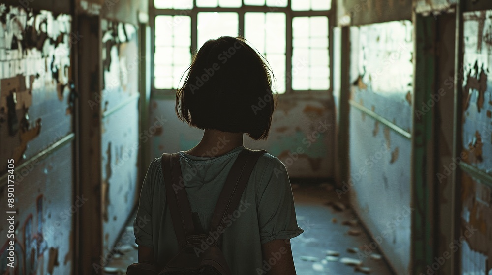 Back view of a person with a backpack walking through a dimly lit, abandoned building with peeling walls, back view Back view of a person with a backpack walking through a dimly lit, abandoned building with peeling walls, back view