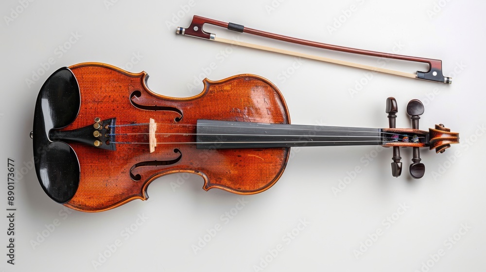 Fototapeta premium 18072344 03 3. A classic violin with detailed strings and a bow resting against it, isolated on a transparent background -