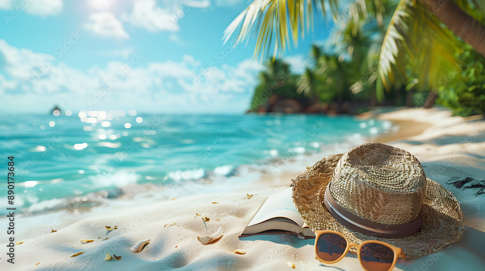 dyllic summer escape: beach view with book and accessories. Serene beach scene with a straw hat, sunglasses and an open book, evoking the relaxation of a tropical summer vacation dyllic summer escape: beach view with book and accessories. Serene beach scene with a straw hat, sunglasses and an open book, evoking the relaxation of a tropical summer vacation
