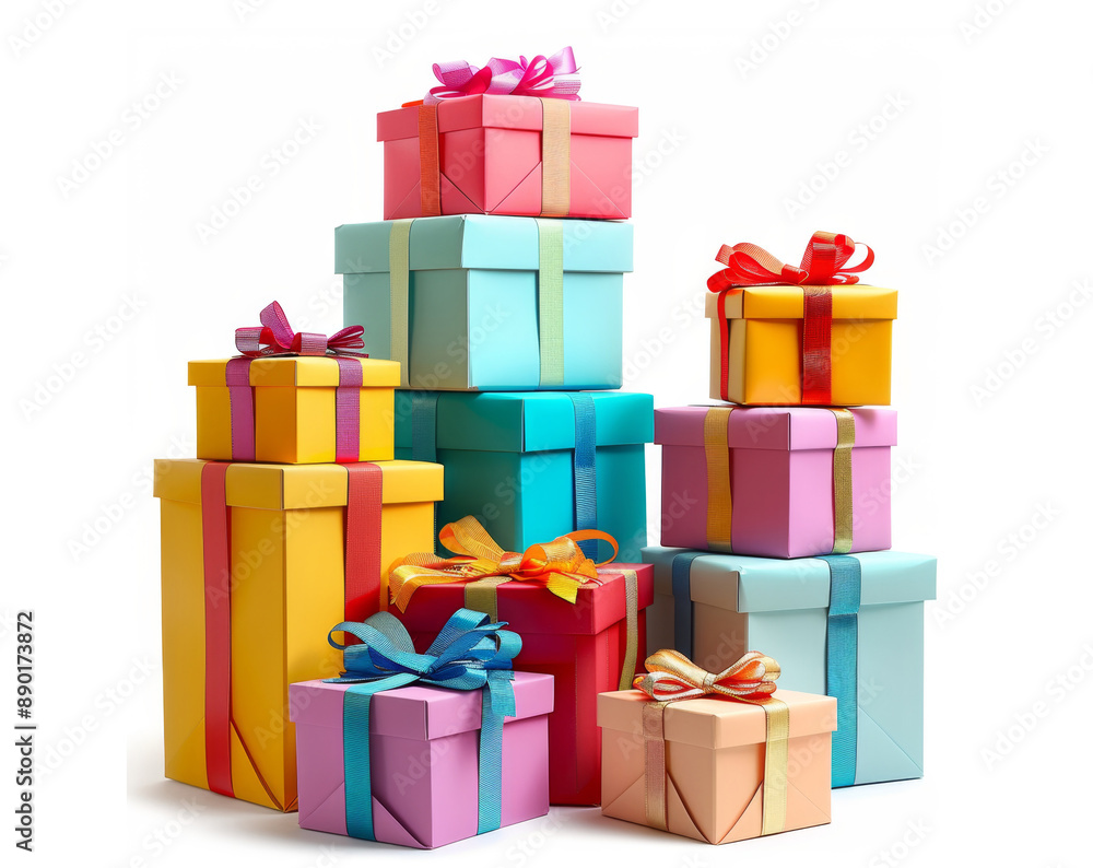 Fototapeta premium Vibrant stack of colorful gift boxes with festive ribbons against a white background