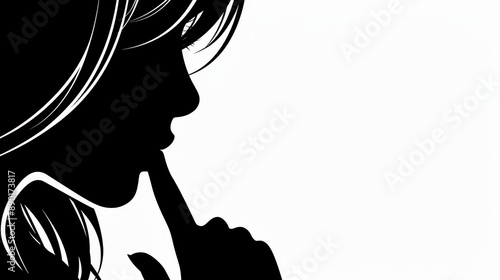 Mysterious silhouette of a woman with finger on lips on white background.