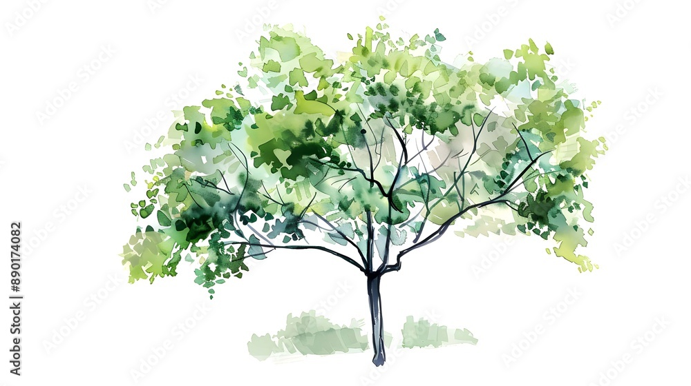 Green tree with leaves sketch architectural drawing in style of watercolor elements design, isolated on white background Green tree with leaves sketch architectural drawing in style of watercolor elements design, isolated on white background