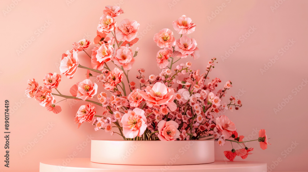 Pink podium background 3D product displays a pastel scene with pink flowers and circles.3D Modern empty podium pink cosmetic stand. Pink podium background 3D product displays a pastel scene with pink flowers and circles.3D Modern empty podium pink cosmetic stand.