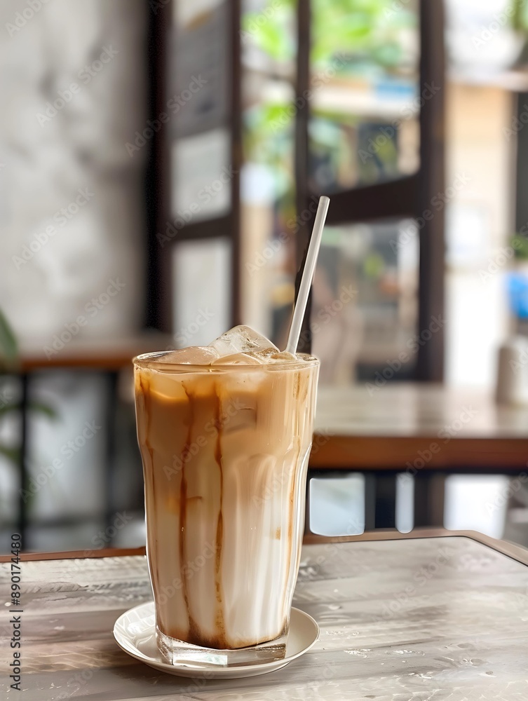 Fresh iced soda milk in a clear glass on a minimalist cafe table Fresh iced soda milk in a clear glass on a minimalist cafe table