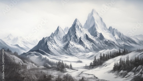 Fantasy landscape with towering mountains in pencil. © MSohail